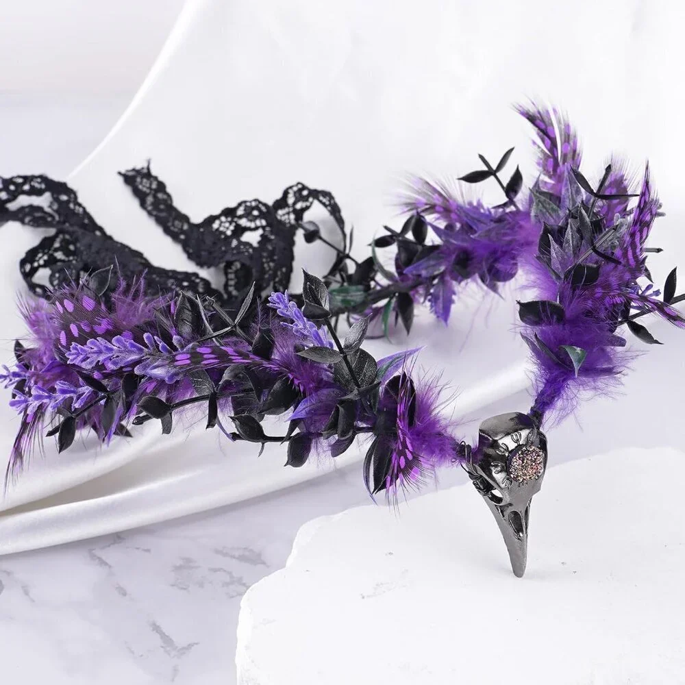 Gothic Witch Headpiece Feather Crown for Women Renaissance Halloween Elf